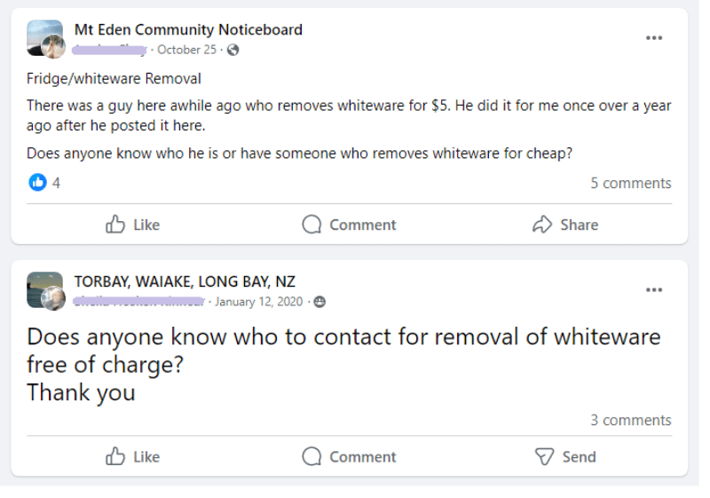 Free whiteware removal requests on Facebook local communities